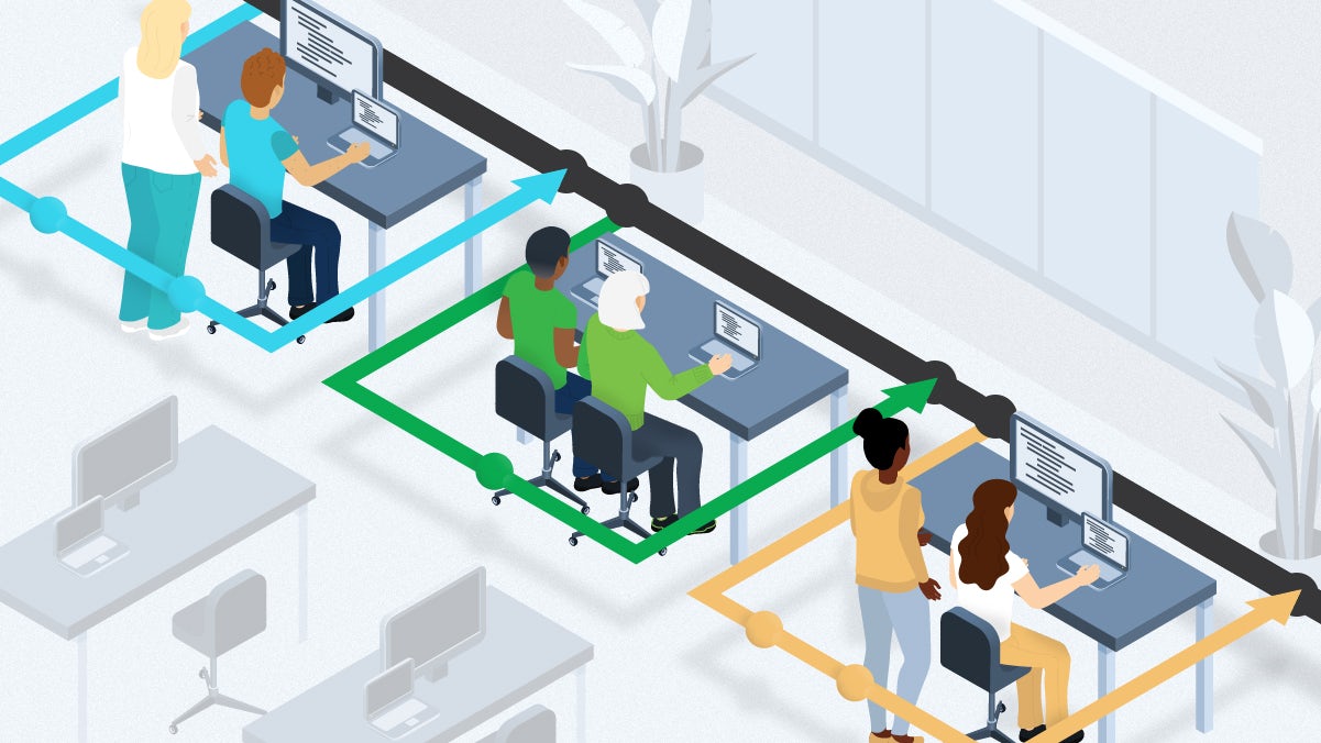 Three teams of developers work on projects along a stylized Git workflow track.