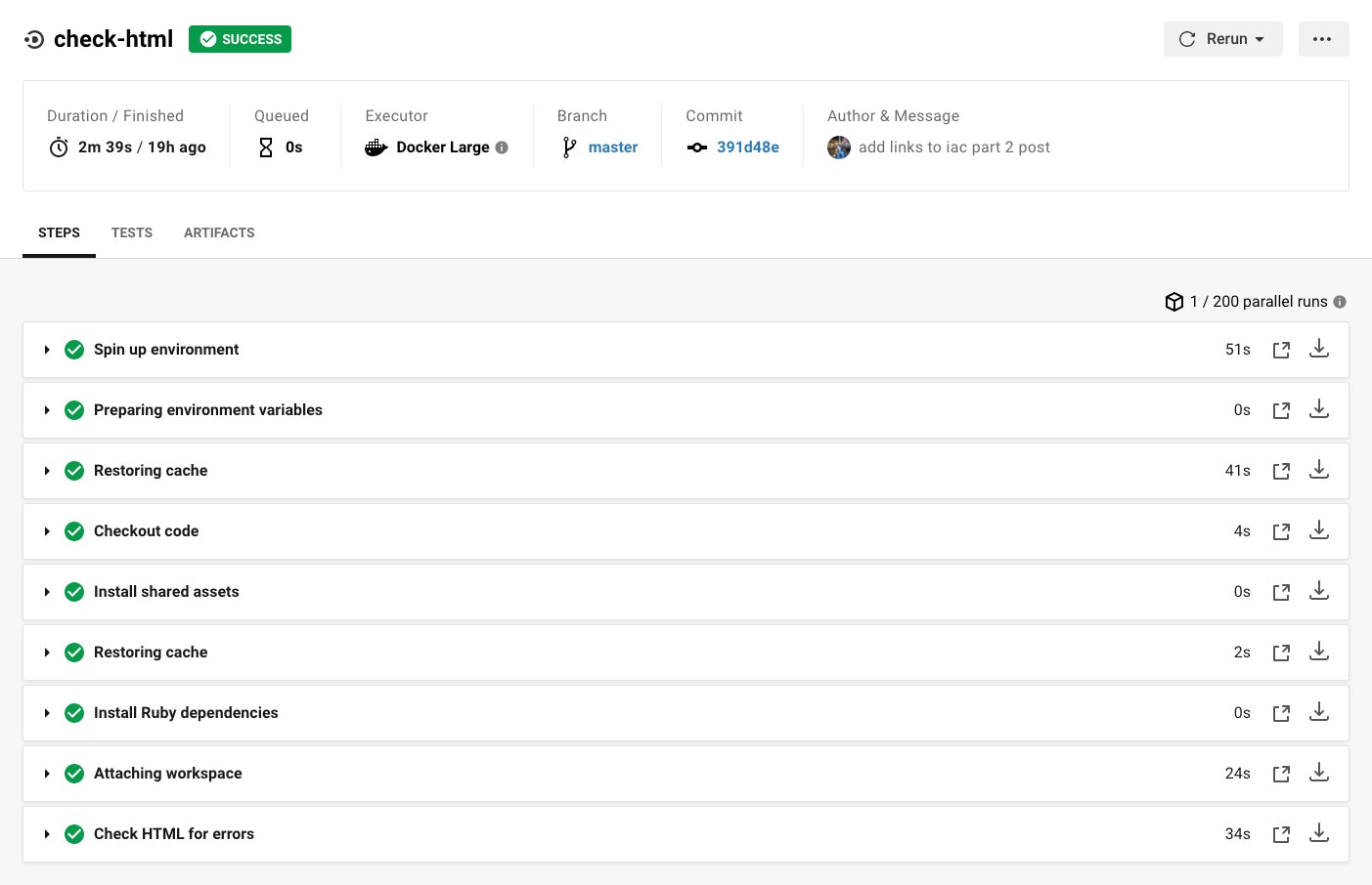 CircleCI UI でのステップの図