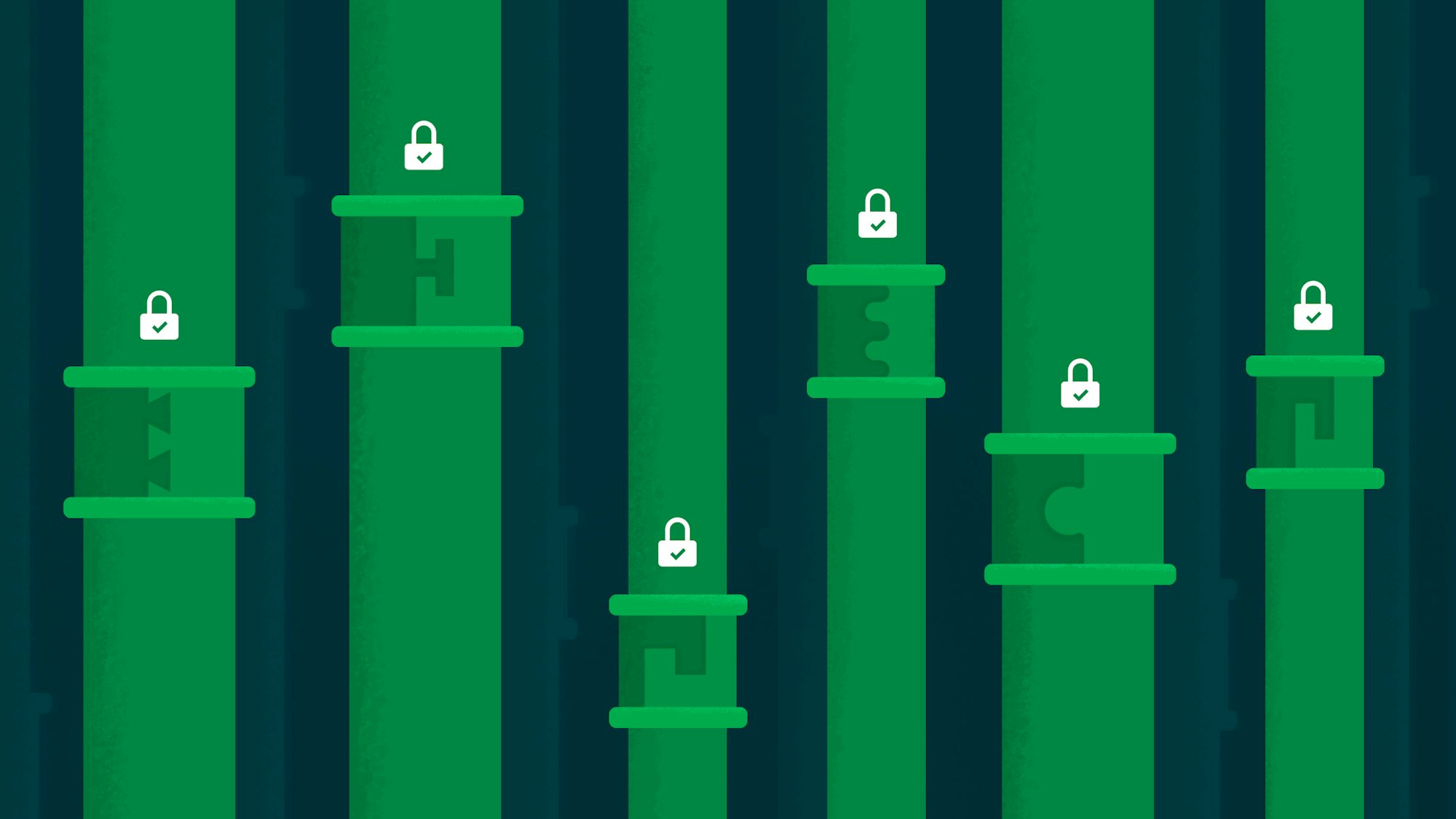 A series of vertical pipelines with lock mechanisms at various heights, each decorated with a large symbol.