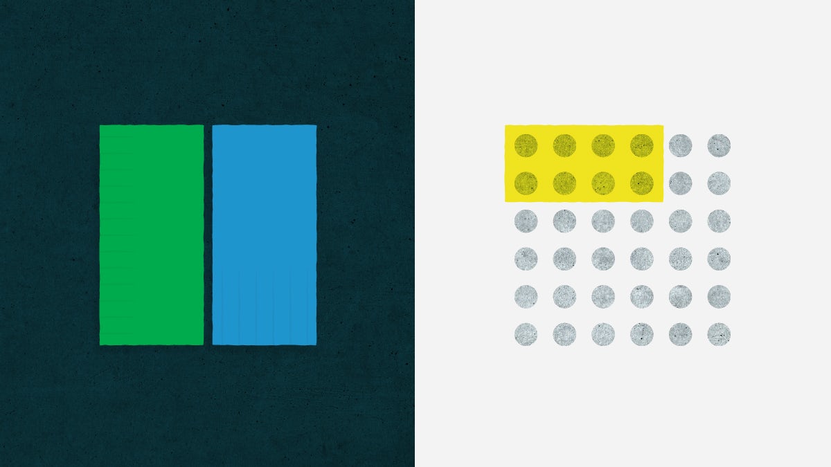 Two columns, one blue and one green, show parallel deployments. To the right, a few items from a group are highlighted, showing a canary deployment.