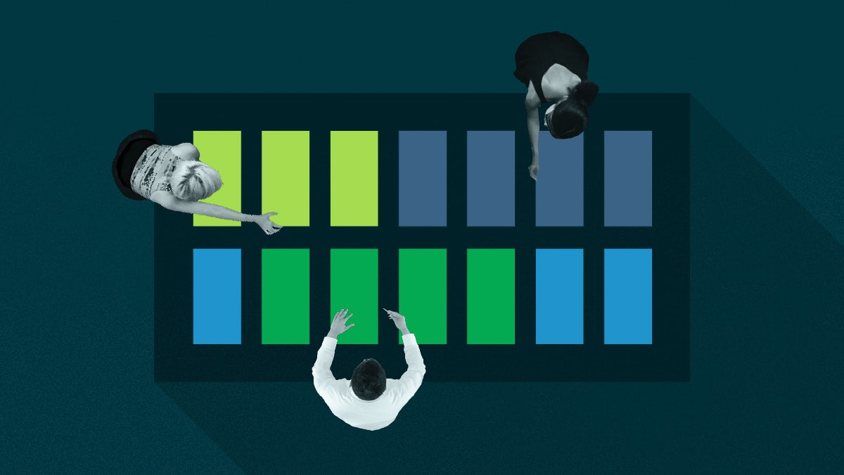 Multiple workers manipulate stylized blocks on a single table representing a monorepo repository structure.