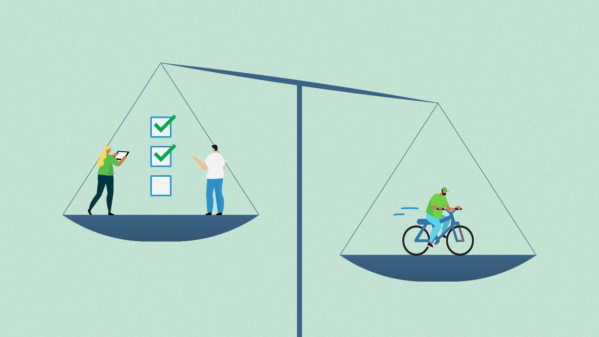A scale balancing workers managing a checklist one side and a speeding cyclist on the other.