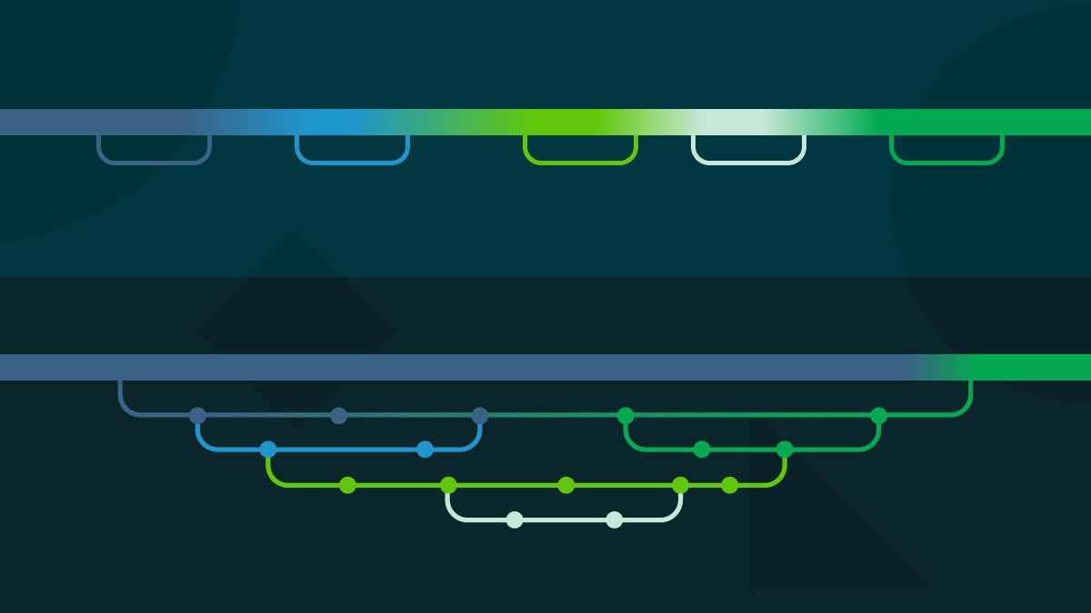 Two stylized pipelines - one shows many small additions, while the other shows multiple layers building upon a single large addition to the main branch.