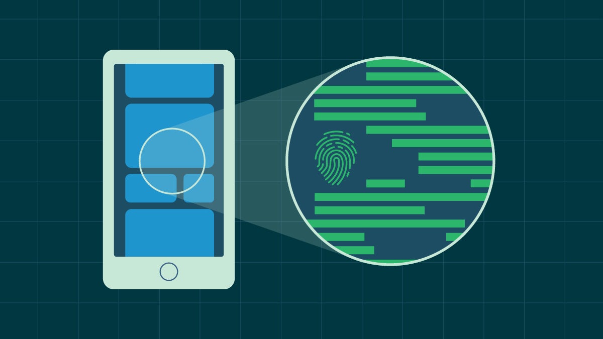 A stylized mobile device projects a display of secure code.