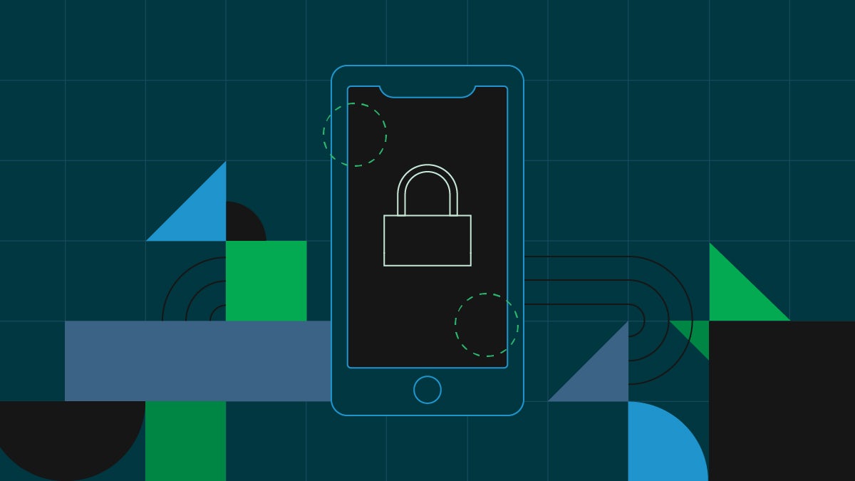 A stylized mobile device displays a lock on-screen.