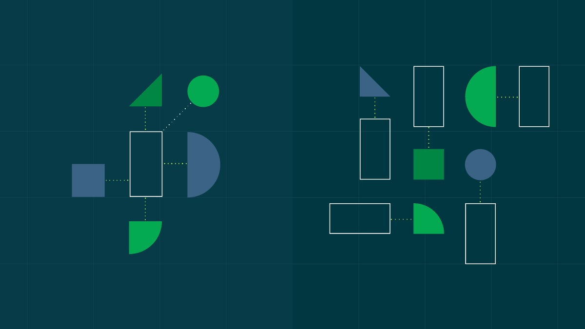 Two sets of objects: a central object with connections to the rest; and multiple sets of linked objects.