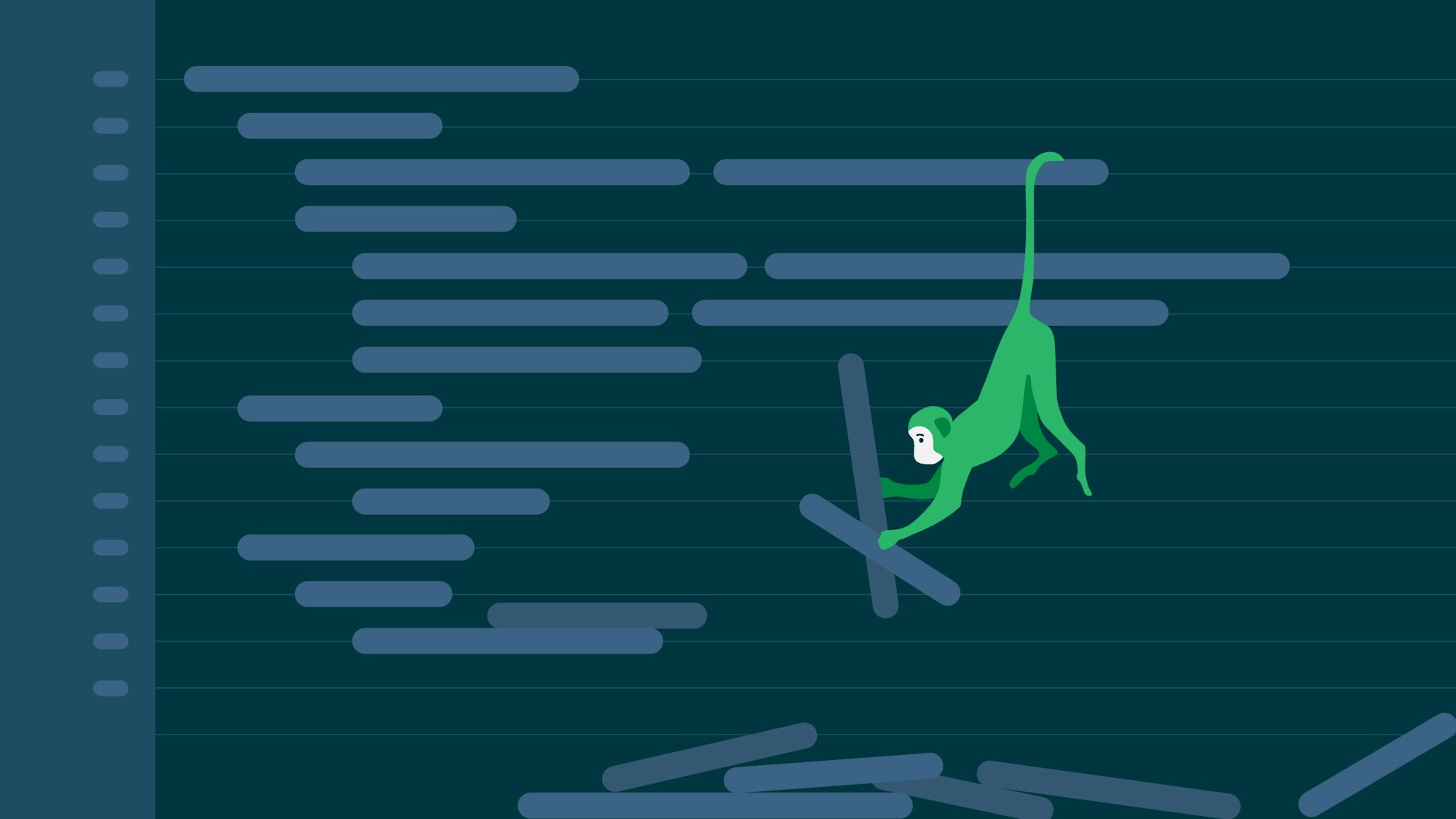 A chaos monkey swings from a stylized code structure, wreaking havok.