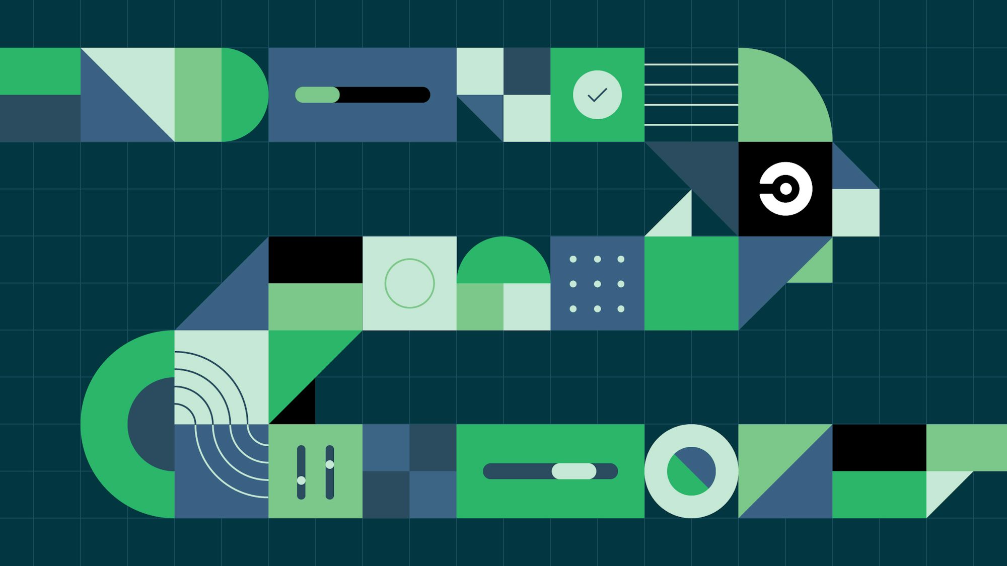 A stylized pipeline made up of computing elements winds back and forth.