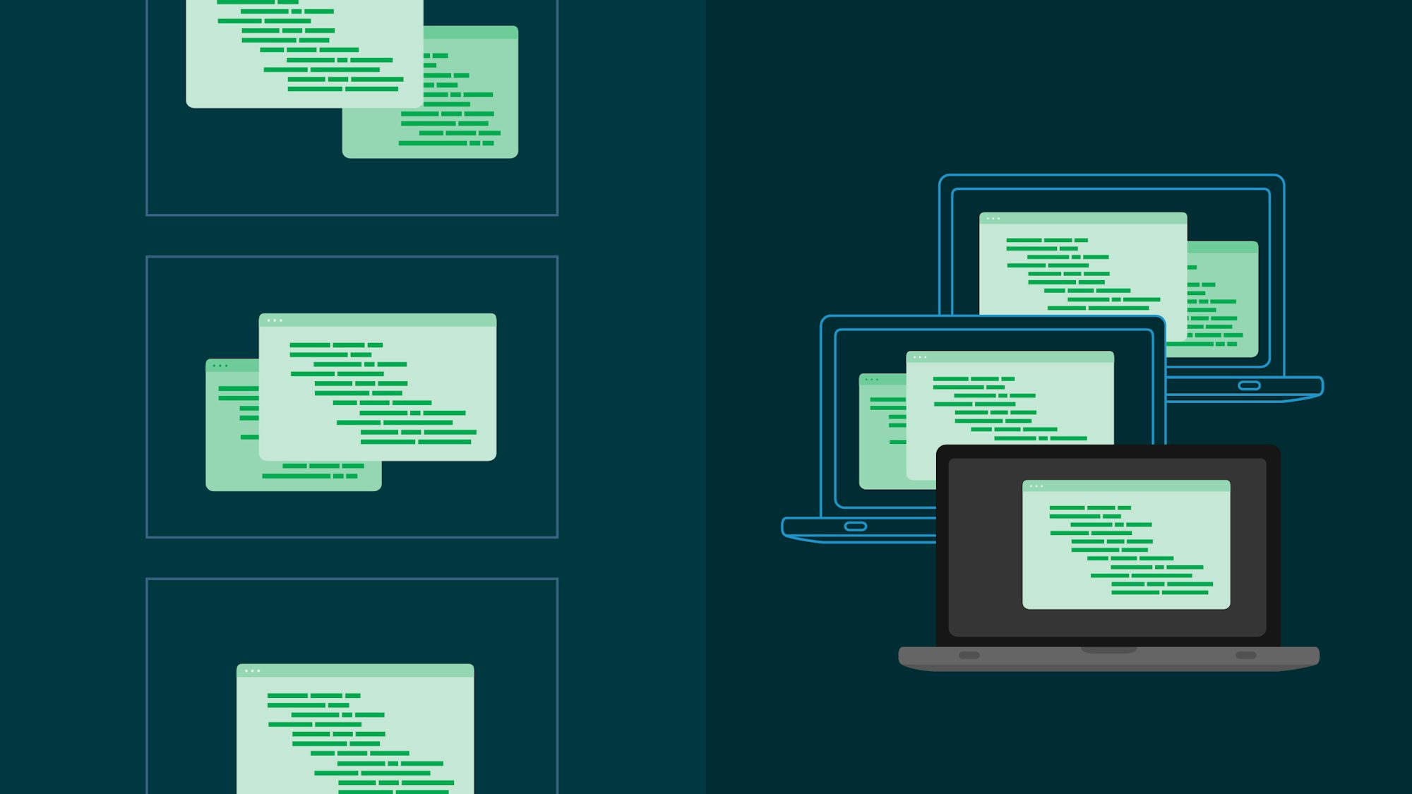 A stack of stylized groups of computer code next to a group of laptops displaying code elements.