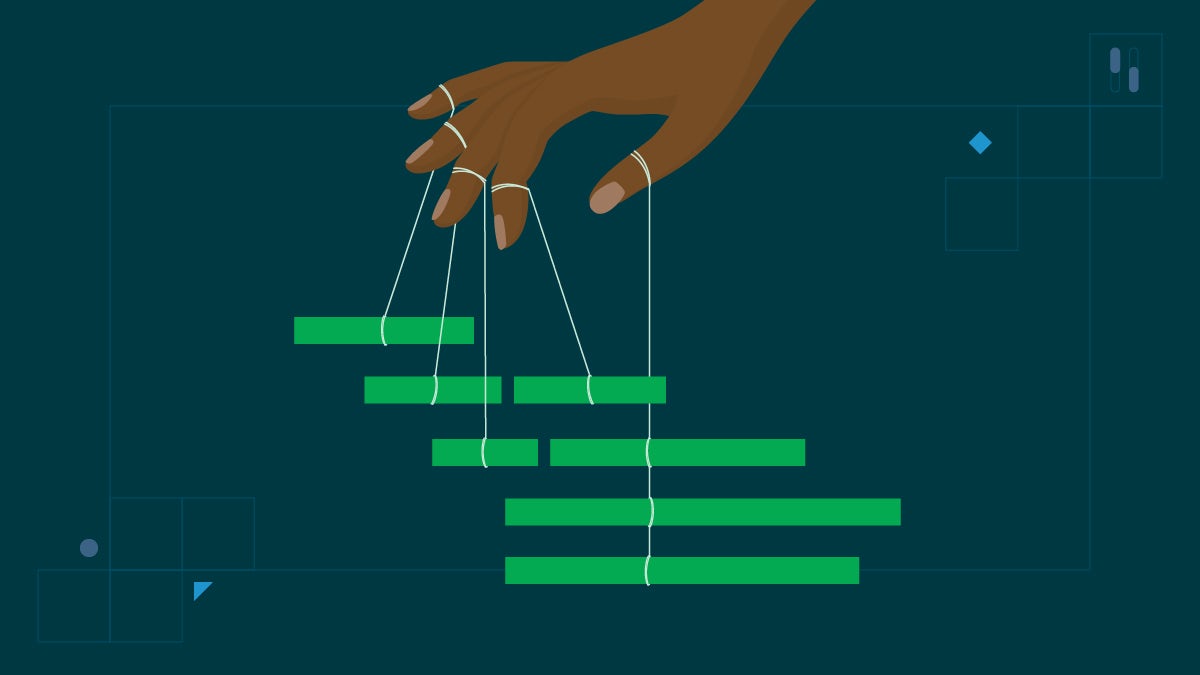 A hand dangles threads tied to lines of application code as if controlling the vertical and horizontal position.