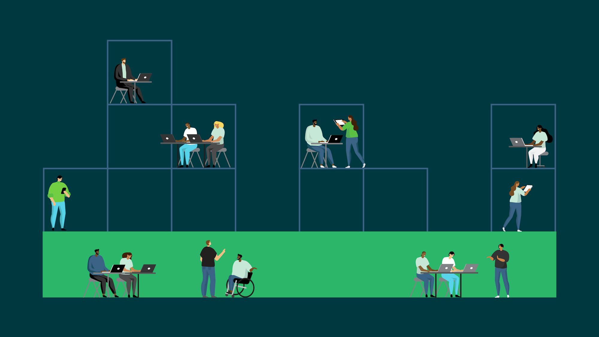 New space is created for developers to work, supported by the work of the team on the first level.