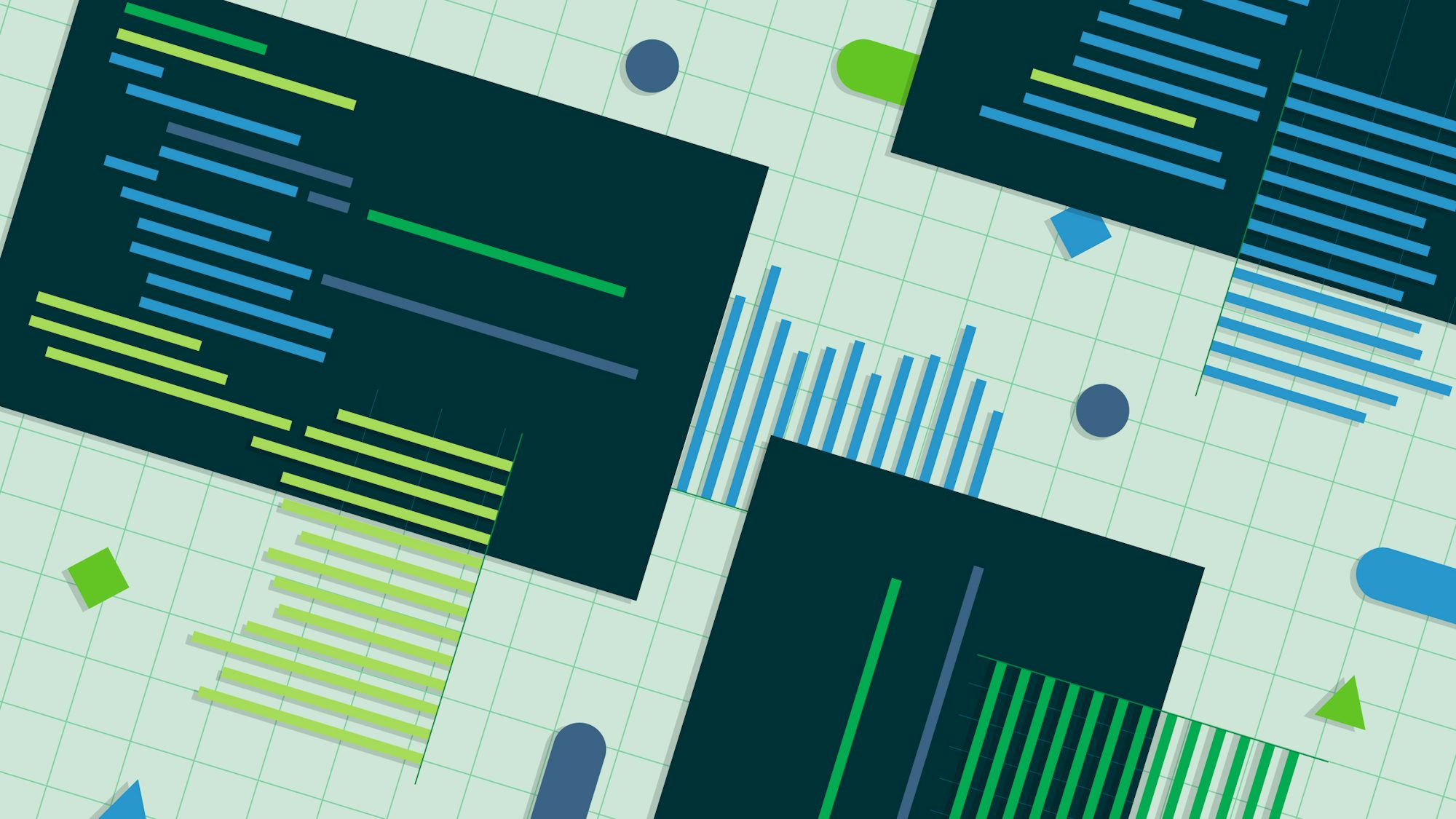Stylized computer screens and code are placed randomly on a light green background.