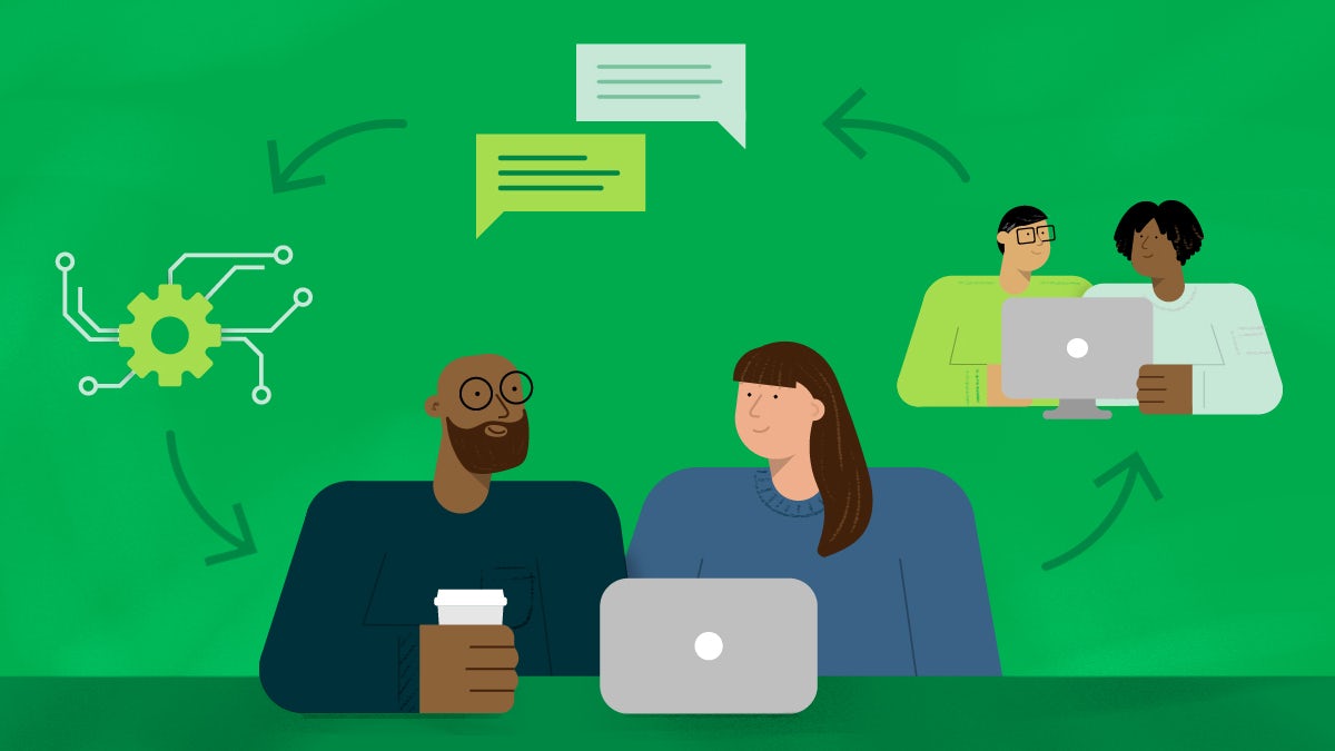 Two pairs of developers work separately and together to exchange ideas and messages about a project.
