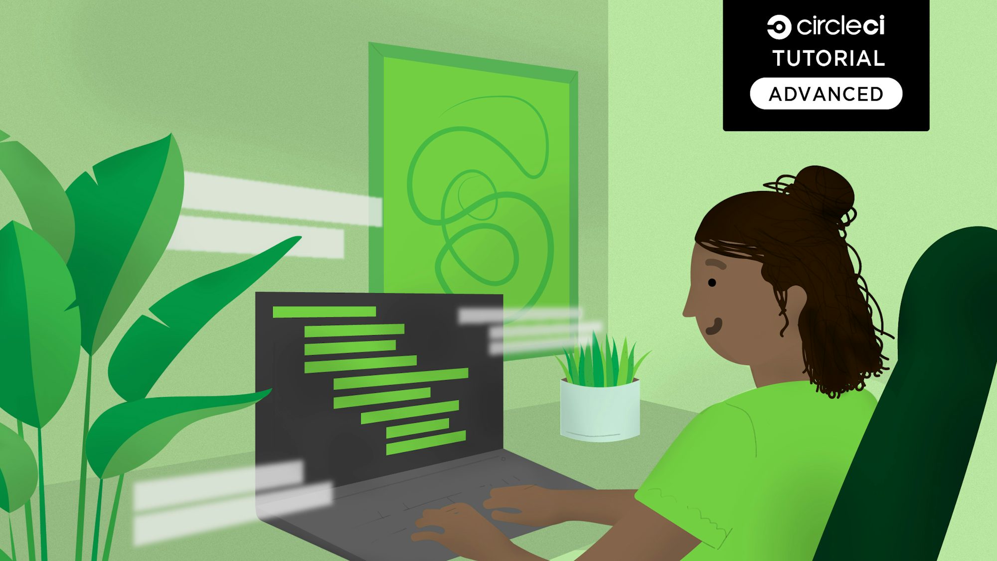 Developer C sits at a desk working on an advanced-level project