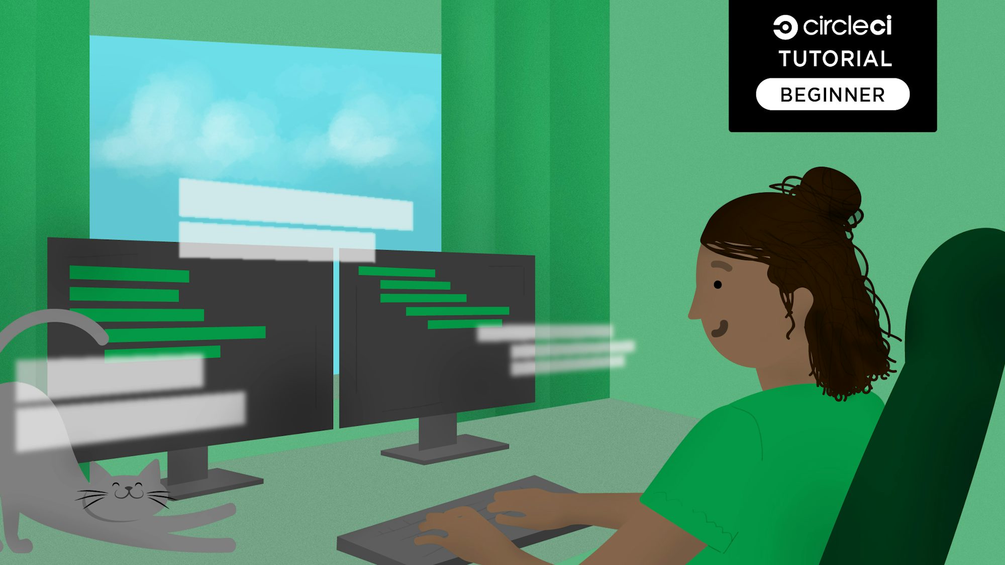 Developer C sits at a desk working on a beginner-level project.