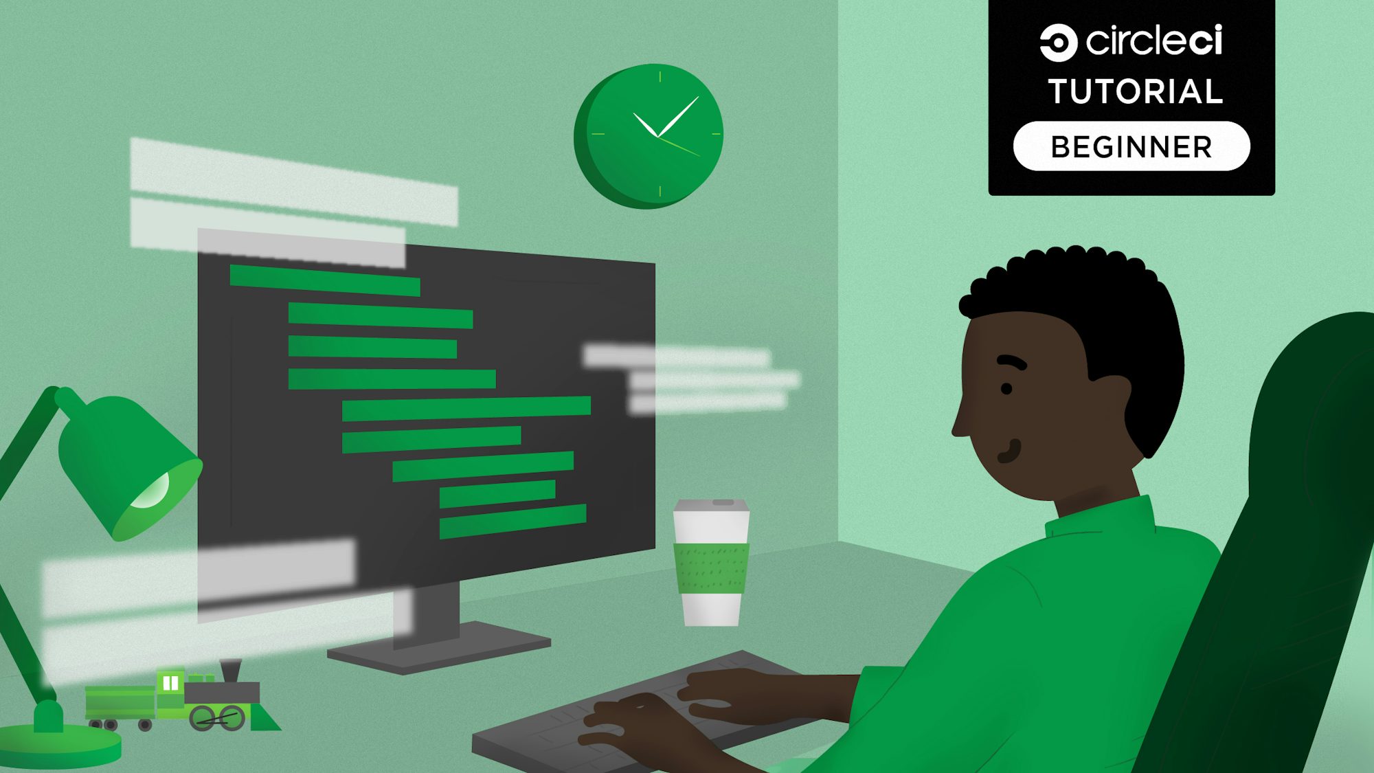 Developer D sits at a desk working on a beginning-level project.