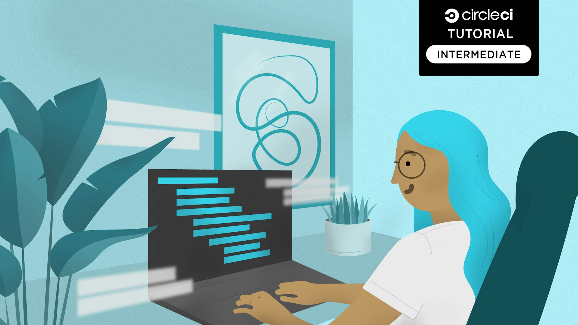 Developer B sits at a desk working on an intermediate-level project