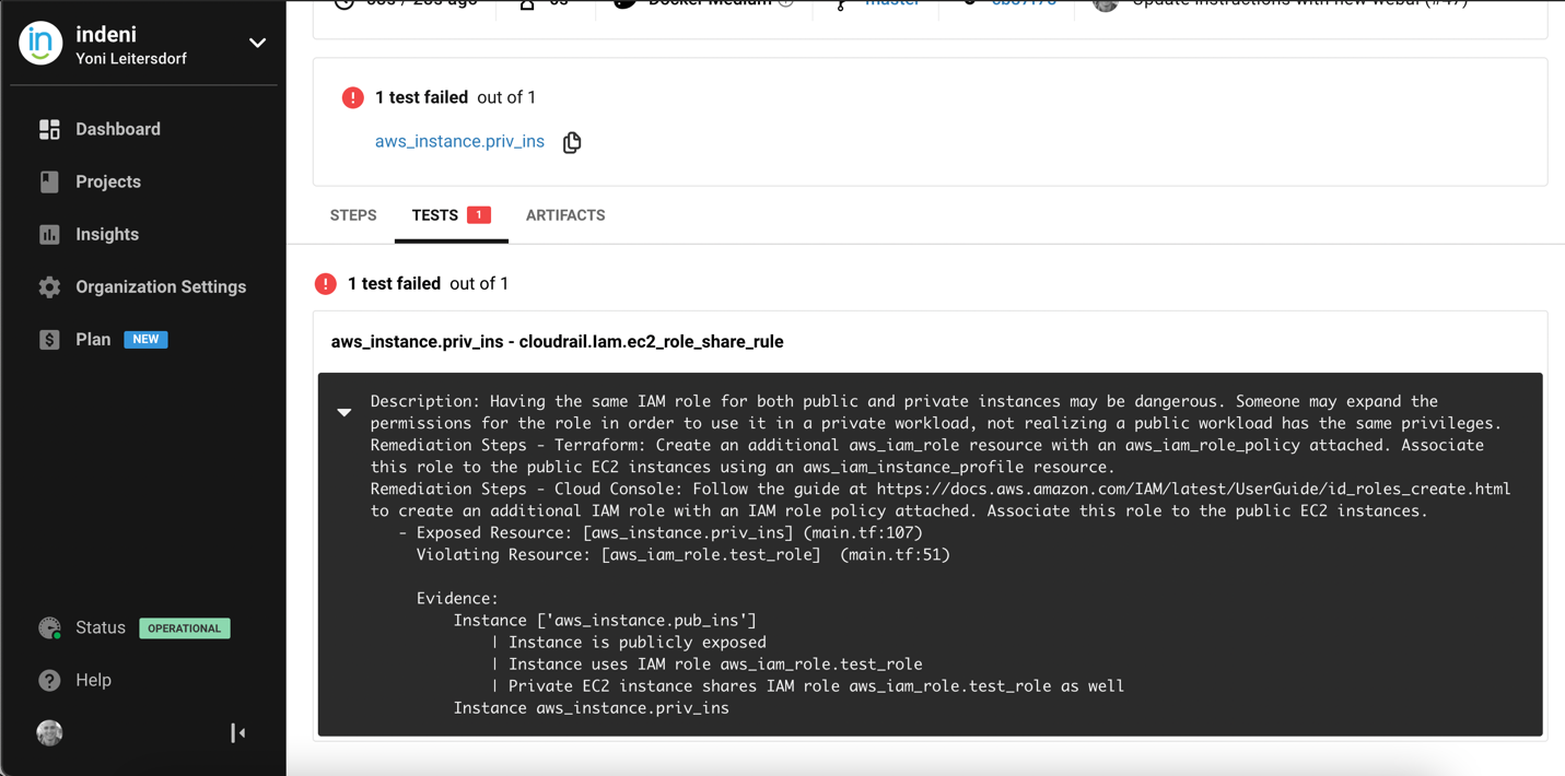 Test tab view - test failure