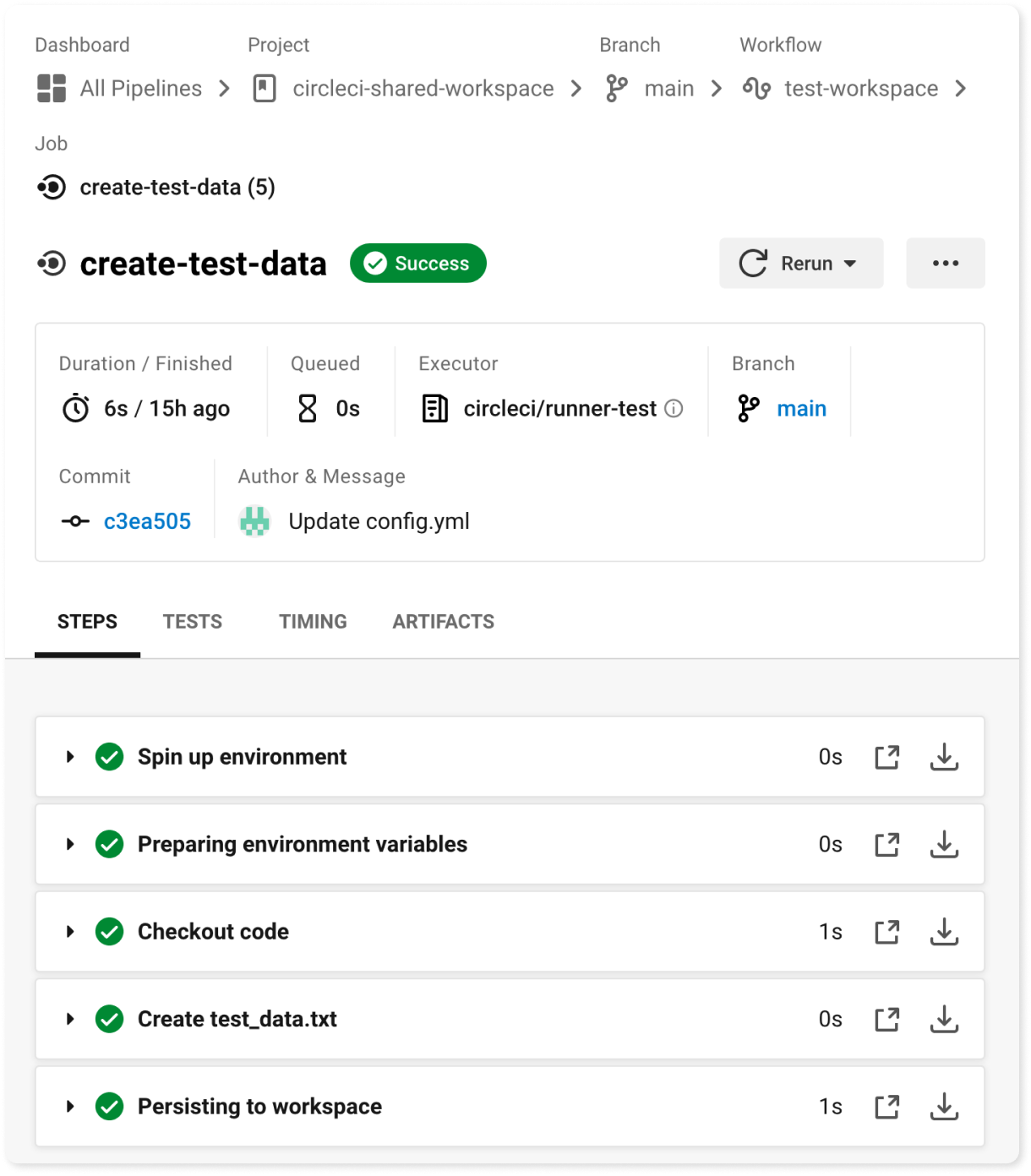 A screenshot of a successful run of the check-test-data job in the CircleCI web console