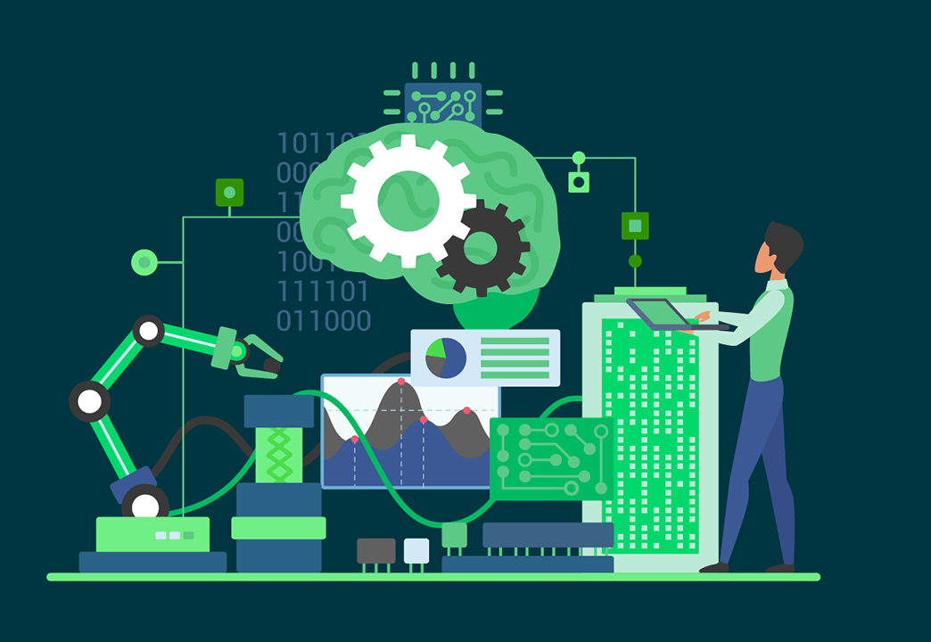  From a podium, a sole developer manages a complicated multi-purpose robotic machine and its holographic projections.