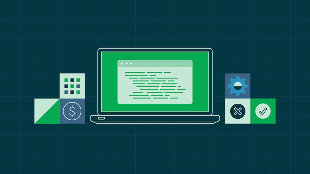 Two sets of stylized development components flank a laptop computer.