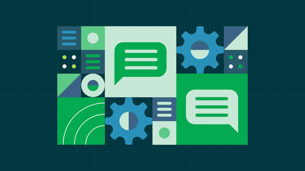 An abstract illustration of the LLMOps process with gears, chat bubbles, and menu icons.