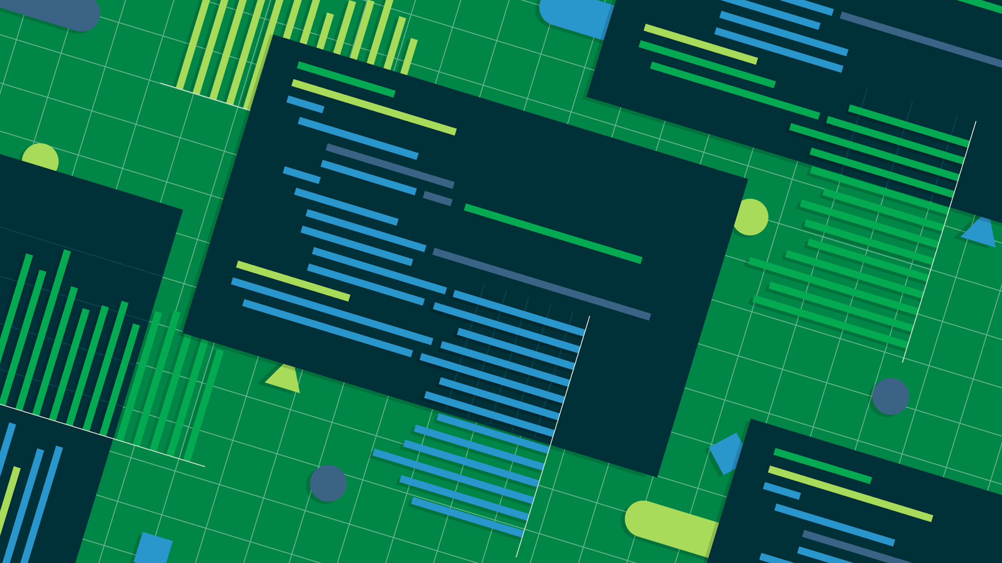 Monitors with stylized lines of code on a grid scattered with geometric shapes.