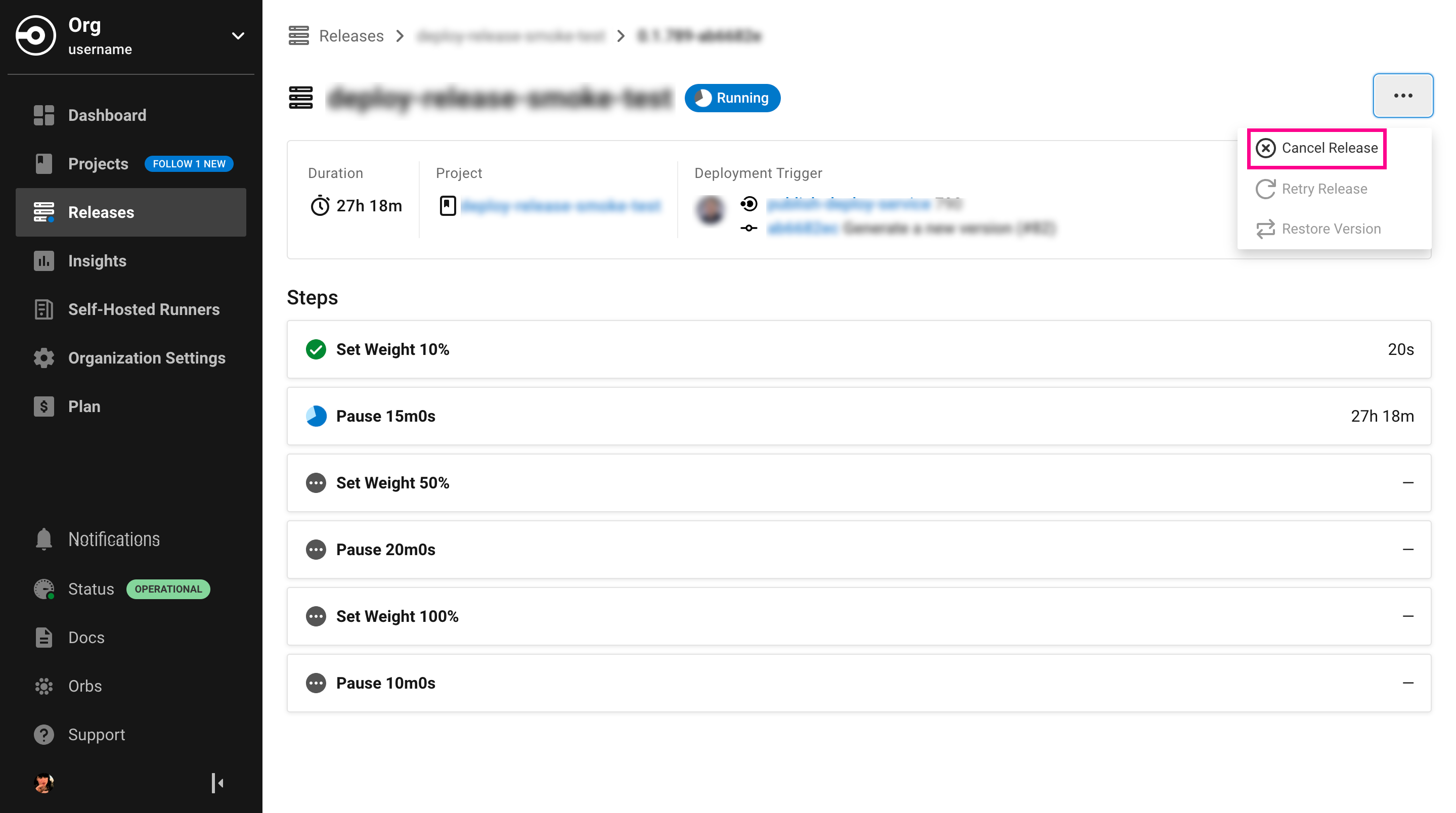 Screenshot showing the cancel release button