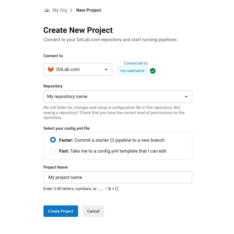 Create new project window