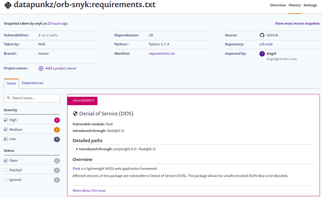 Example of a scan failure within the Snyk dashboard.
