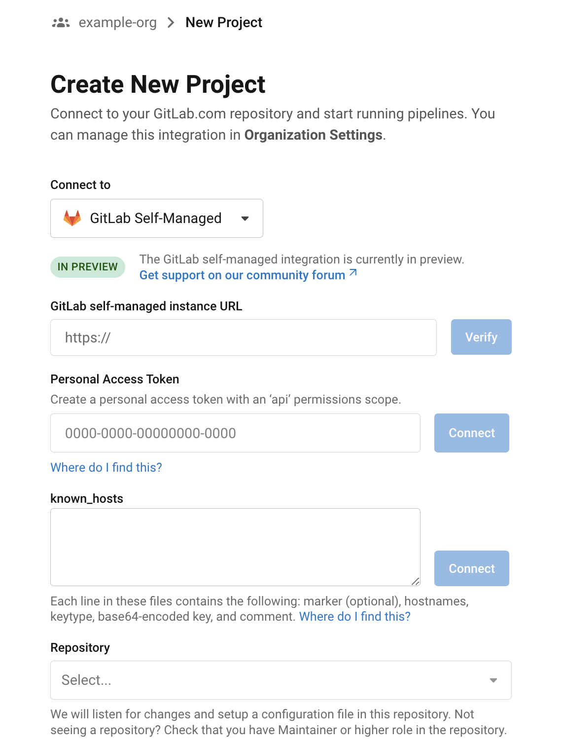 Create a new project in a self-managed org