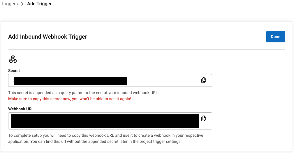 screenshot showing inbound webhook trigger secret and URL