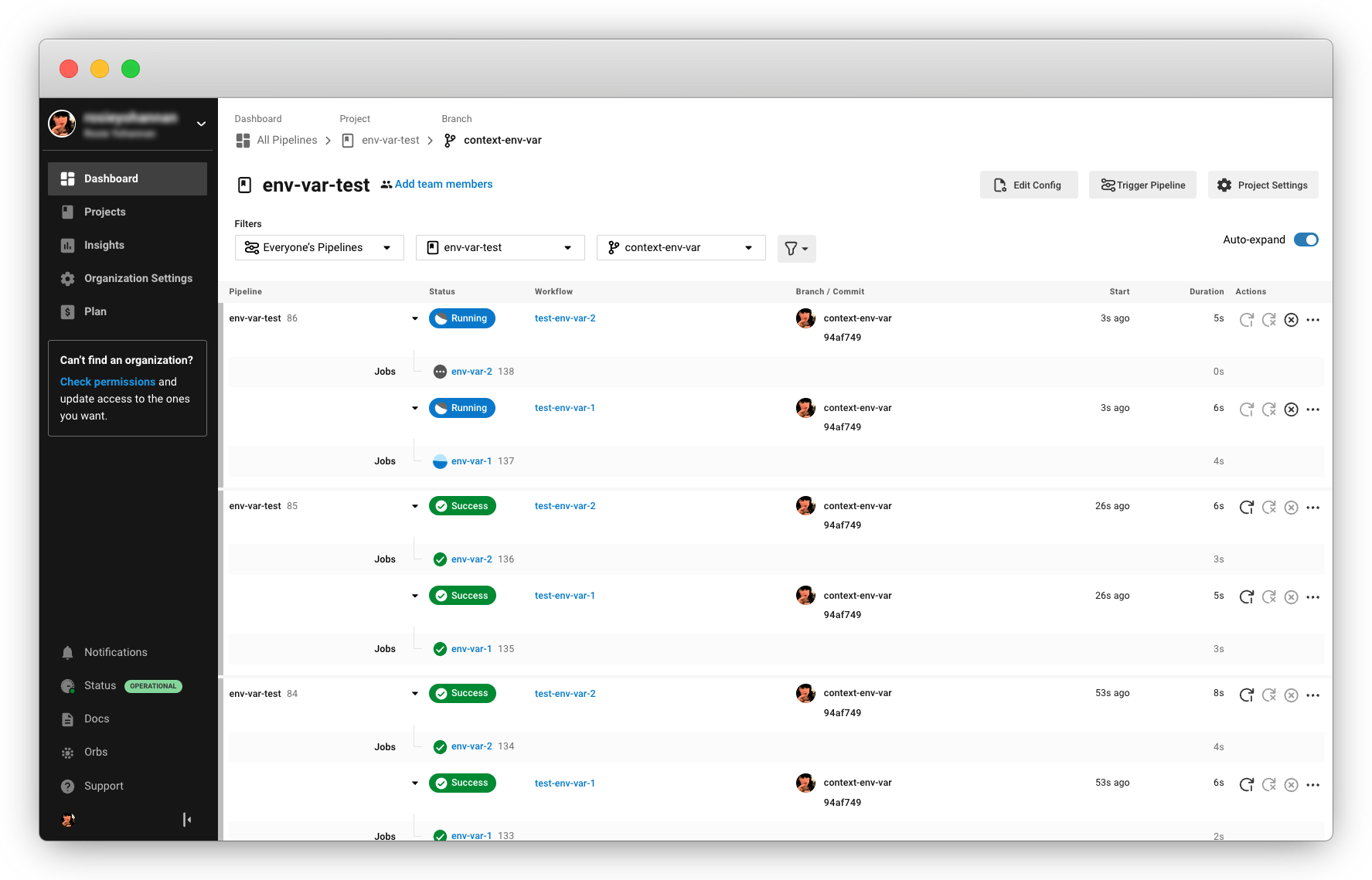 Screenshot showing running pipelines in the CircleCI dashboard.