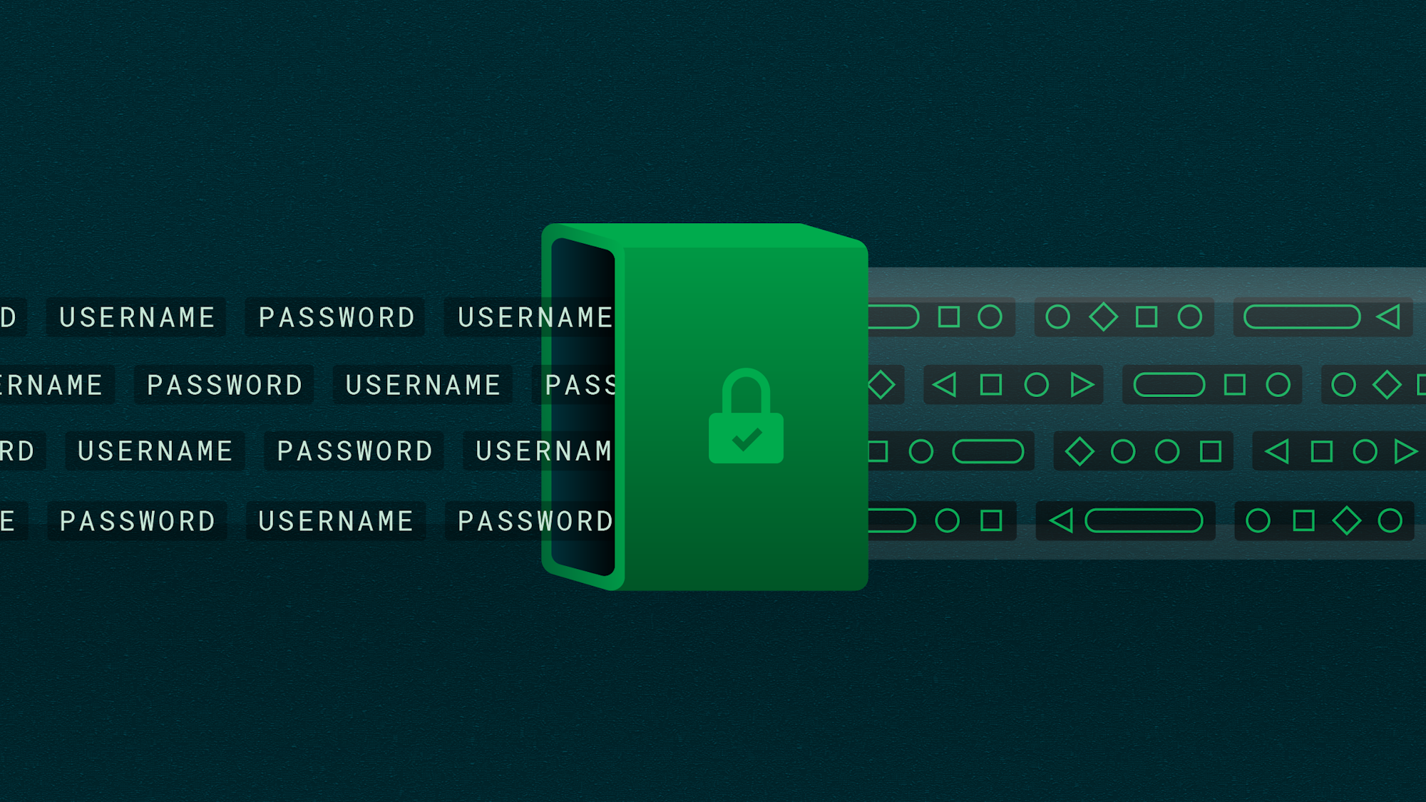 A stylized stream of usernames and passwords streams into a server and is transformed into code.