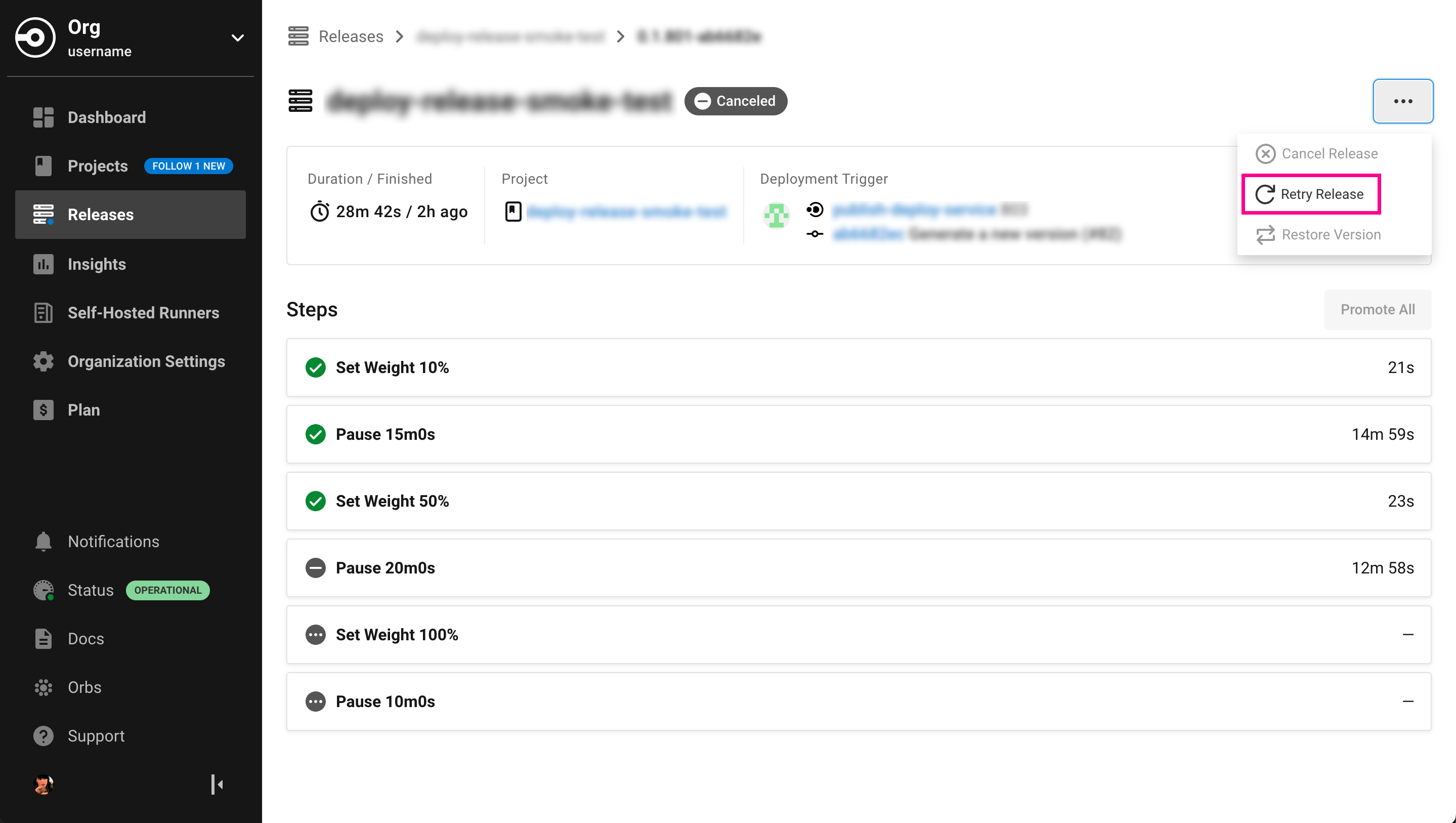 Screenshot showing the retry release button