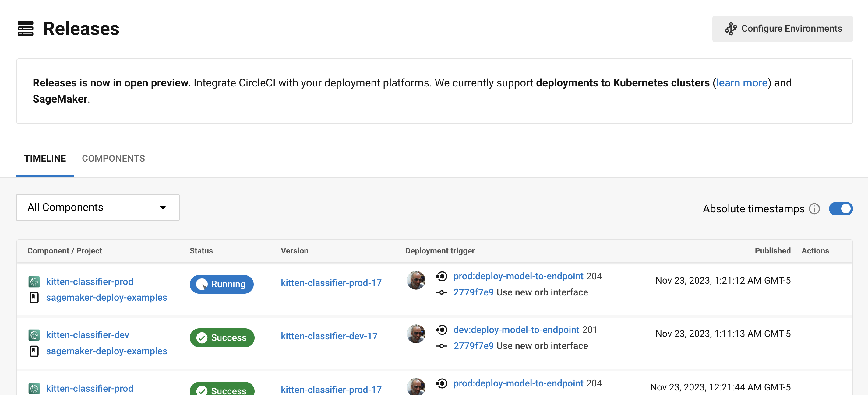 Releases dashboard