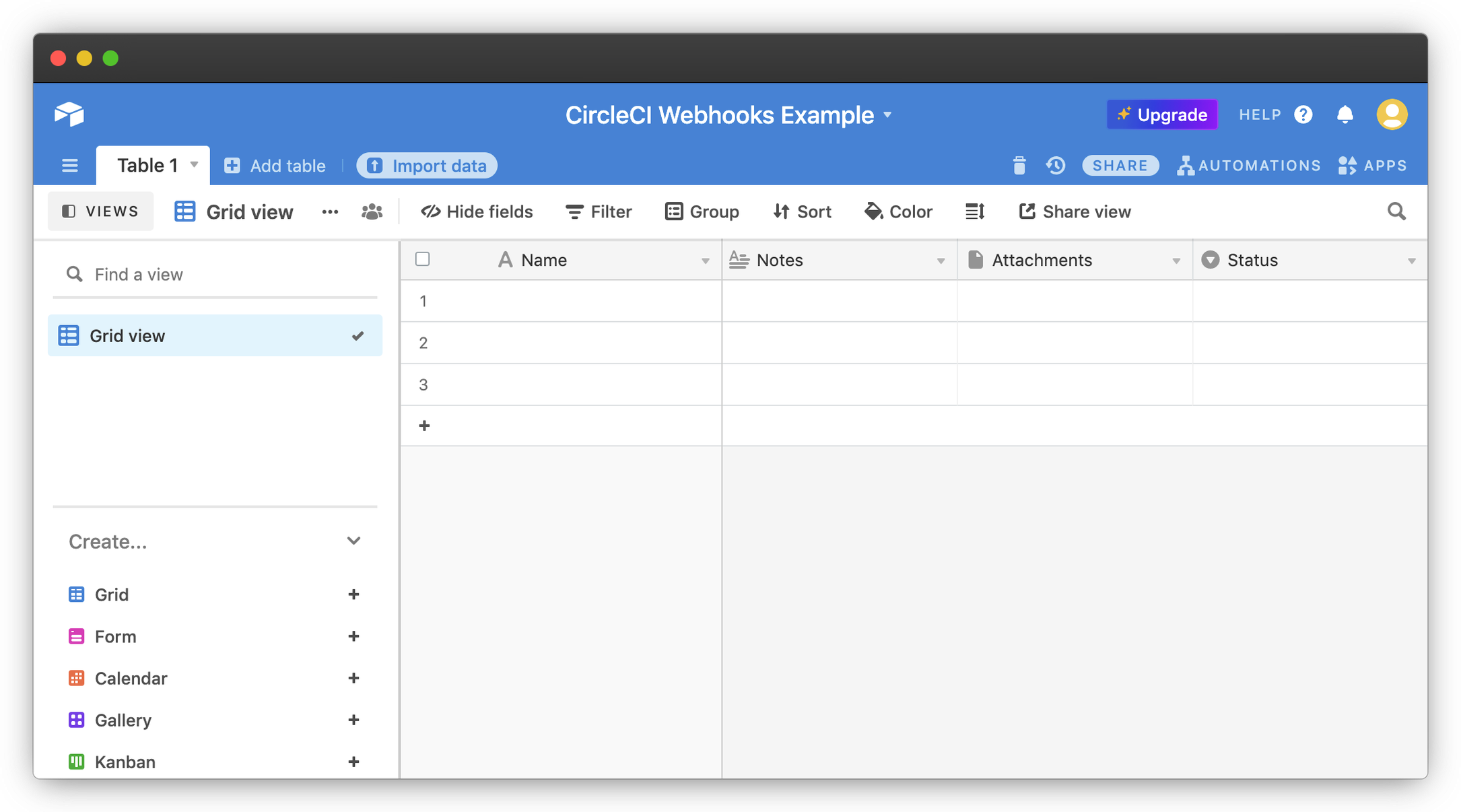 Creating a new base in Airtable