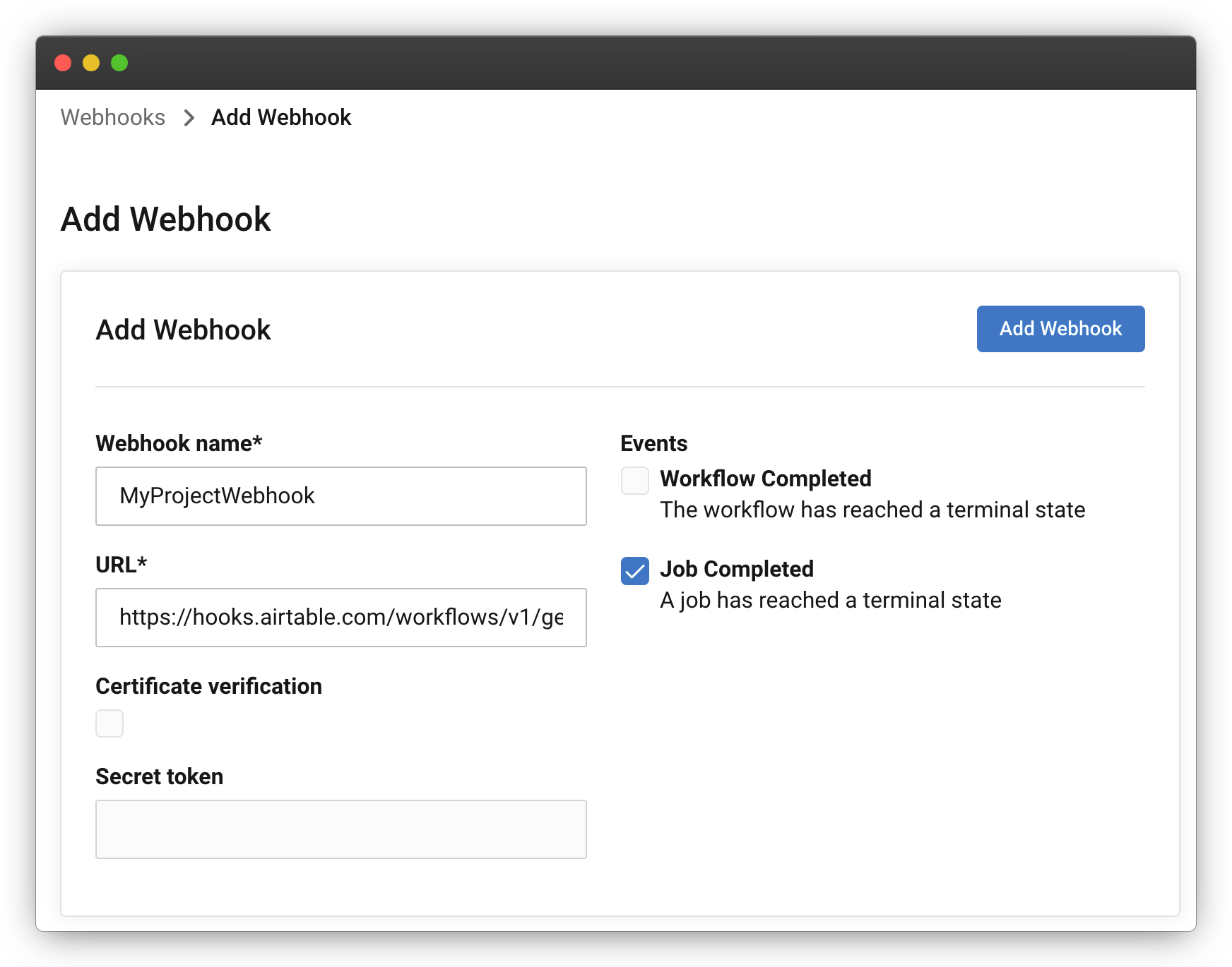 Entering details for a webhook